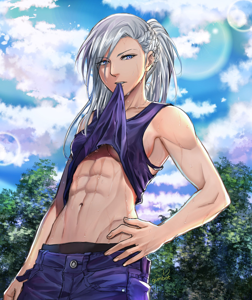 1girl, abs, armpits, blue_eyes, blue_sky, braid, clothes_in_mouth, cloud, cloudy_sky, dripping, elvira_(gumbat), from_below, god_eater, grey_hair, gumbat, highres, light_particles, mouth_hold, muscular, muscular_female, navel, original, ponytail, purple_shorts, purple_tank_top, shirt_in_mouth, shorts, signature, sky, sweat, nervous_sweating, tank_top, tree, wet