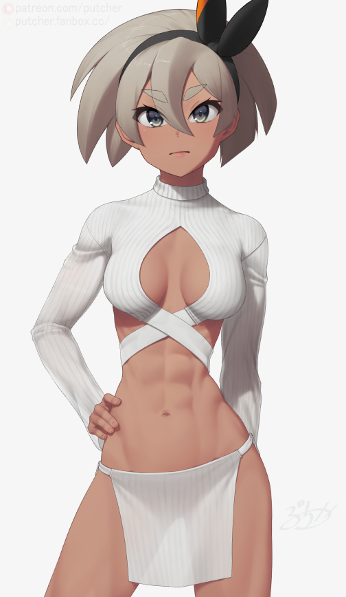 1girl, abs, alternate_costume, arm_behind_back, bea_(pokemon), black_hairband, bow_hairband, breasts, cleavage, cleavage_cutout, closed_mouth, clothing_cutout, commentary_request, cowboy_shot, cropped_sweater, dark-skinned_female, dark_skin, evolved_virgin_killer_sweater, eyelashes, frown, grey_eyes, grey_hair, hair_between_eyes, hairband, hand_on_own_hip, loincloth, looking_at_viewer, narrow_waist, navel, nintendo, pelvic_curtain, pokemon, pokemon_sword_and_shield, putcher, see-through_silhouette, short_hair, simple_background, solo, sweater, toned, watermark, white_background, white_sweater