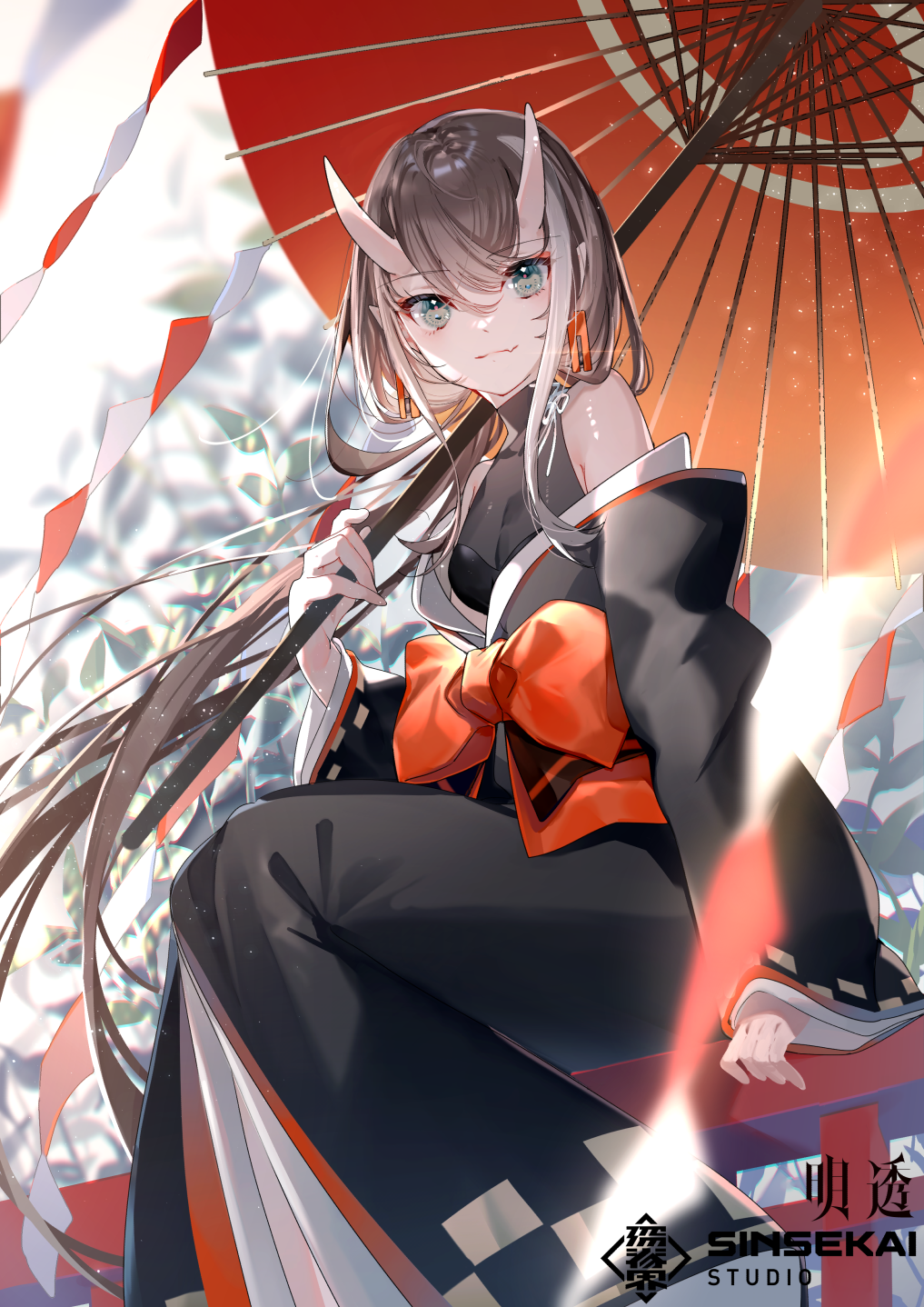 1girl, asu_(sinsekai), bare_shoulders, black_kimono, black_shirt, blue_eyes, blurry, blurry_background