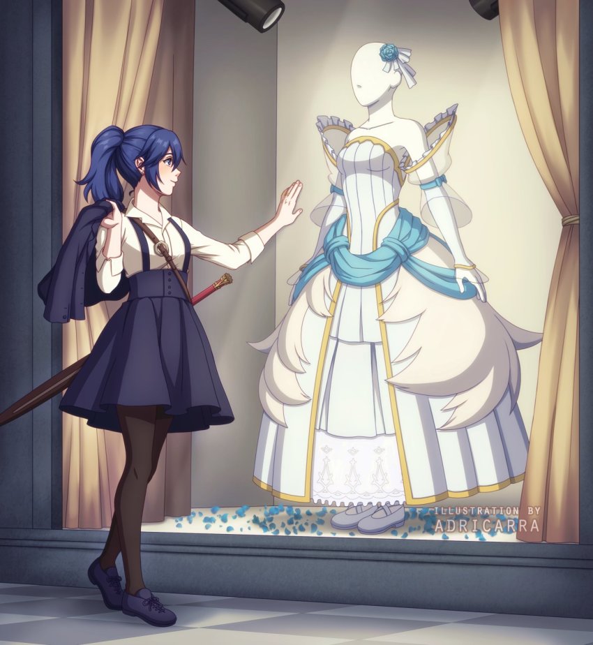 1girl, adricarra, alternate_costume, alternate_hairstyle, artist_name, black_pantyhose, blue_eyes, blue_hair, blue_jacket, blue_skirt, bride_(fire_emblem), closed_mouth, commentary, contemporary, curtains, detached_sleeves, dress, ear_piercing, falchion_(fire_emblem), fire_emblem, fire_emblem_awakening, highres, jacket, long_hair, lucina_(bridal)_(fire_emblem), lucina_(fire_emblem), mannequin, nintendo, pantyhose, piercing, ponytail, shirt, skirt, sleeves_rolled_up, smile, solo, storefront, suspender_skirt, suspenders, sword, unworn_jacket, weapon, wedding_dress, white_dress, white_shirt, window_shopping