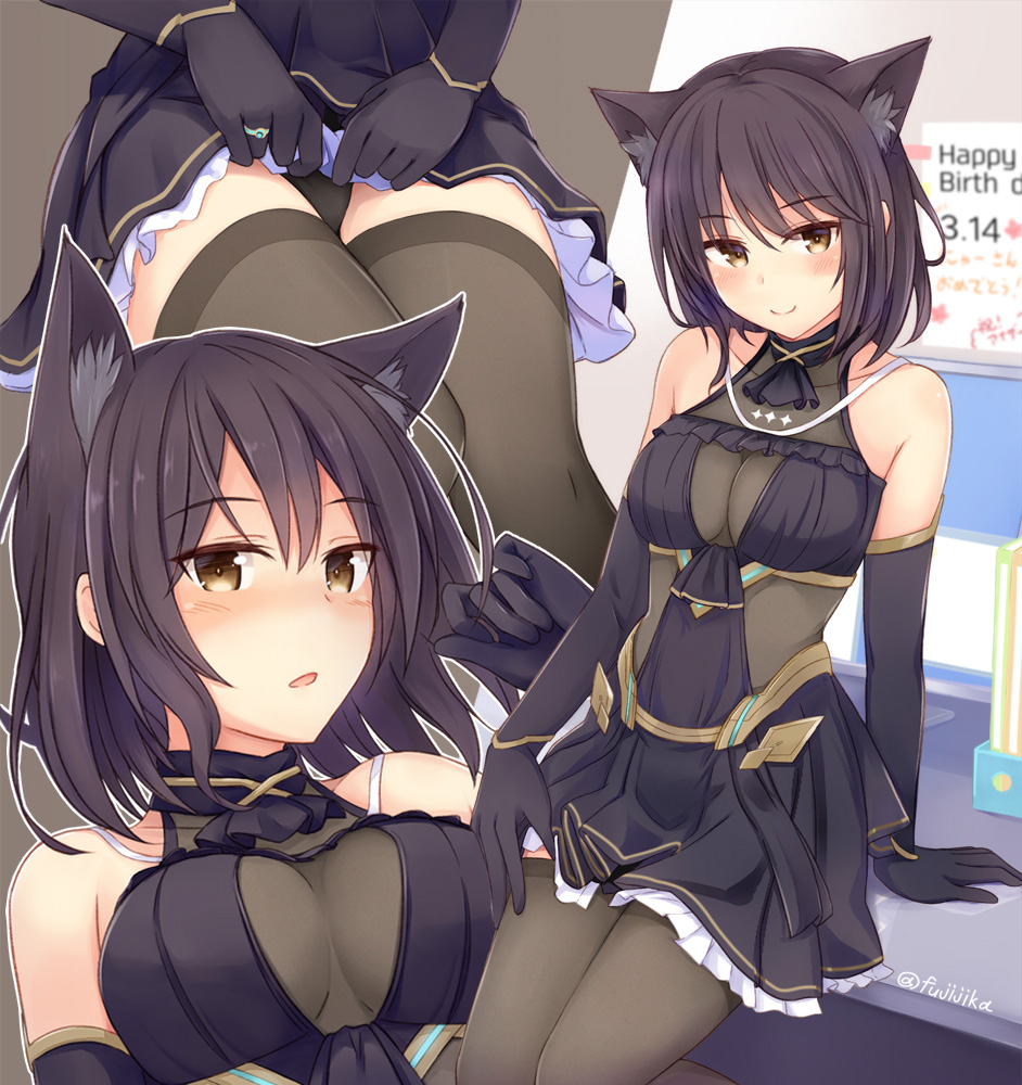 1girl, alice_gear_aegis, animal_ear_fluff, animal_ears, arm_support, black_dress, black_gloves, black_hair