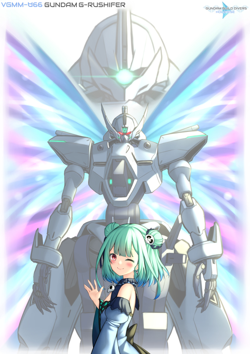 1girl, absurdres, blue_dress, blush, brown_eyes, commentary, detached_sleeves, double_bun, dress, energy_wings, english_commentary, flat_chest, fusion, g-lucifer, glowing, glowing_eyes, green_eyes, gundam, gundam_build_divers, gundam_build_divers_re:rise, gundam_build_fighters, gundam_build_fighters_honoo_try, gundam_build_fighters_try, gundam_g_no_reconguista, hair_bun, hair_ornament, highres, hololive, logo_parody, mecha, mobile_suit, moonlight_butterfly_(gundam), one-eyed, parody, pinguinkotak, red_eyes, robot, short_hair, skull_hair_ornament, title_parody, turn_a_gundam_shin, uruha_rushia, uruha_rushia_(1st_costume), virtual_youtuber, waving