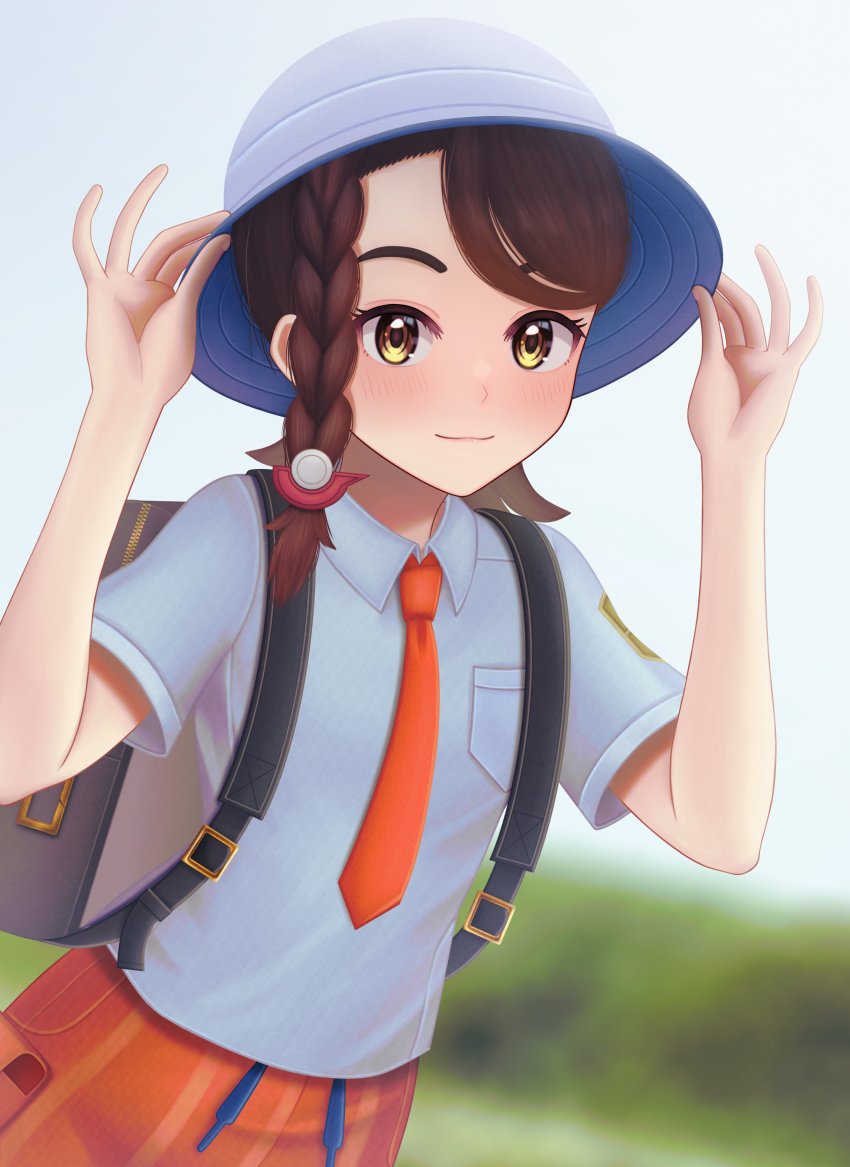 1girl, absurdres, backpack, bag, blurry, blurry_background, blush, braid, brown_bag, brown_eyes, brown_hair, closed_mouth, collared_shirt, commentary_request, day, eyelashes, grey_hat, grey_shirt, hair_ornament, hands_on_headwear, hat, highres, juliana_(pokemon), long_hair, necktie, nintendo, orange_necktie, orange_shorts, outdoors, pokemon, pokemon_scarlet_and_violet, shirt, short_sleeves, shorts, single_braid, smile, solo, zero_artbox