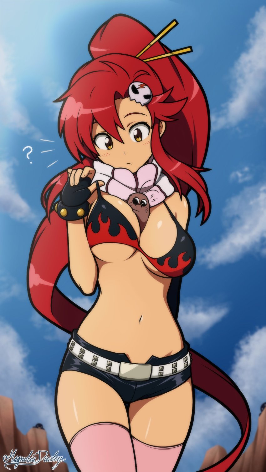 1girl, ?, absurdres, bikini, bikini_top_only, blush, boota_(ttgl), breasts