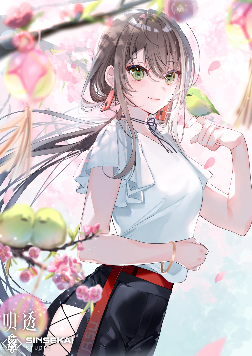 1girl, asu_(sinsekai), bird, black_pants, black_ribbon, bracelet, branch, brown_hair