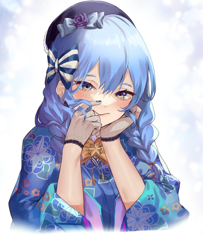 1girl, blue_eyes, blue_hair, blue_kimono, blue_nails, bow, braid, closed_mouth