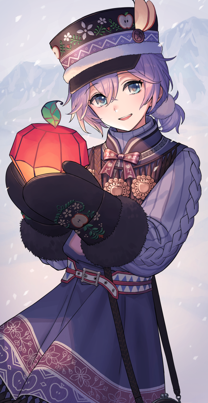 1boy, apple_print, aqua_eyes, bag, chorefuji, day, epel_felmier, epel_felmier_(applepom), eyelashes, food_print, fruit_print, hair_between_eyes, hat, head_tilt, highres, holding, looking_at_viewer, male_focus, mittens, mountain, neck_ribbon, open_mouth, outdoors, own_hands_together, purple_hair, ribbon, smile, snowing, solo, sweater, teeth, tongue, twisted_wonderland, upper_teeth_only, vest, winter_clothes