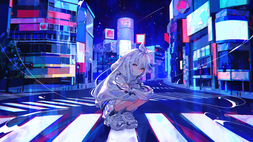 1girl, absurdres, black_socks, blue_theme, bow, chromatic_aberration, city, closed_mouth