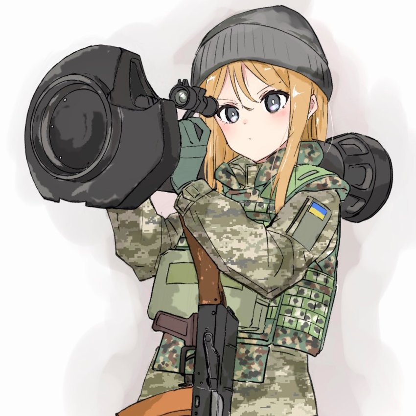 1girl, black_eyes, black_hat, blush, camouflage, closed_mouth, commentary, english_commentary