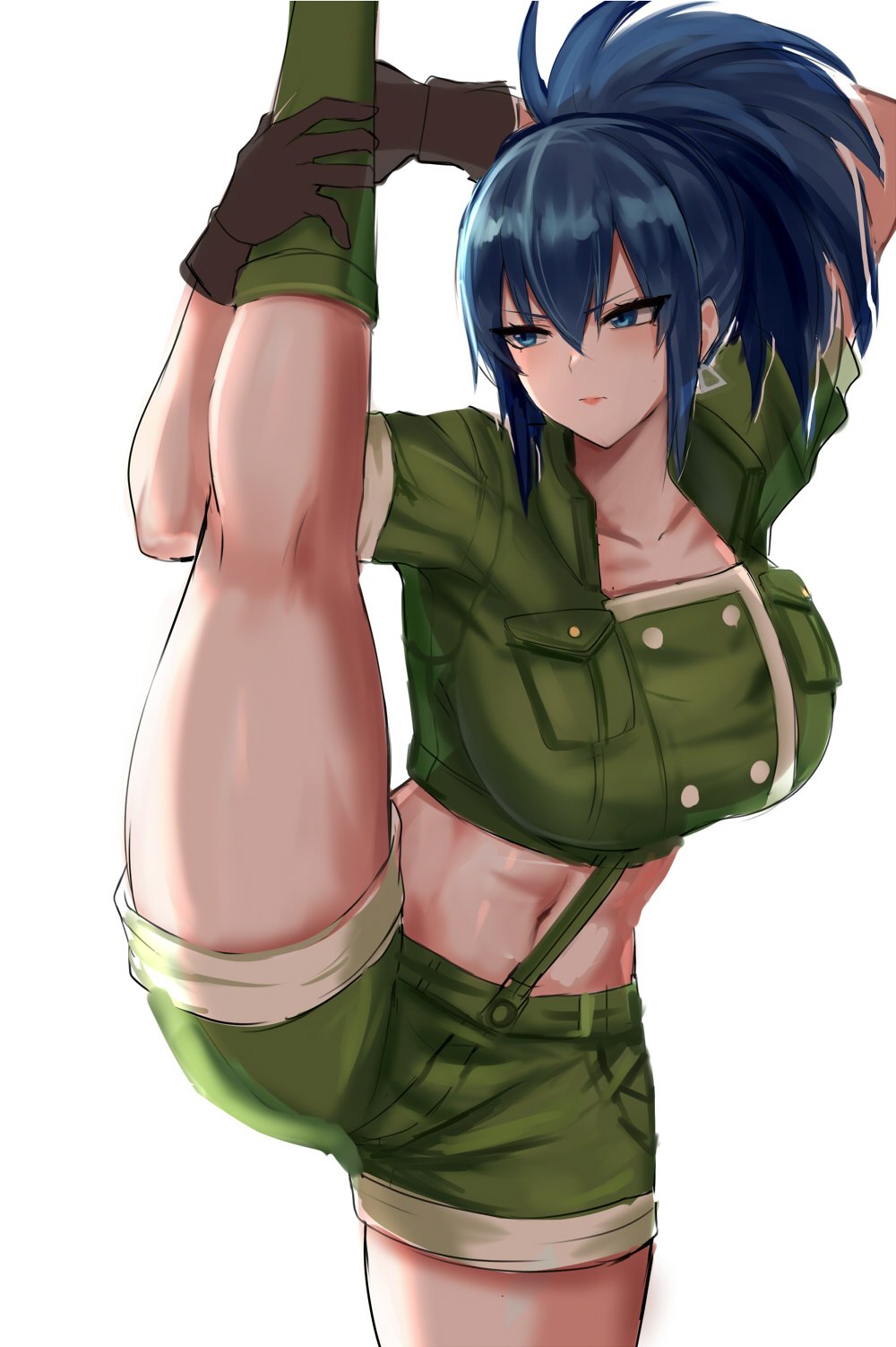 1girl, artist_request, black_gloves, blue_eyes, blue_hair, boots, combat_boots, flexible