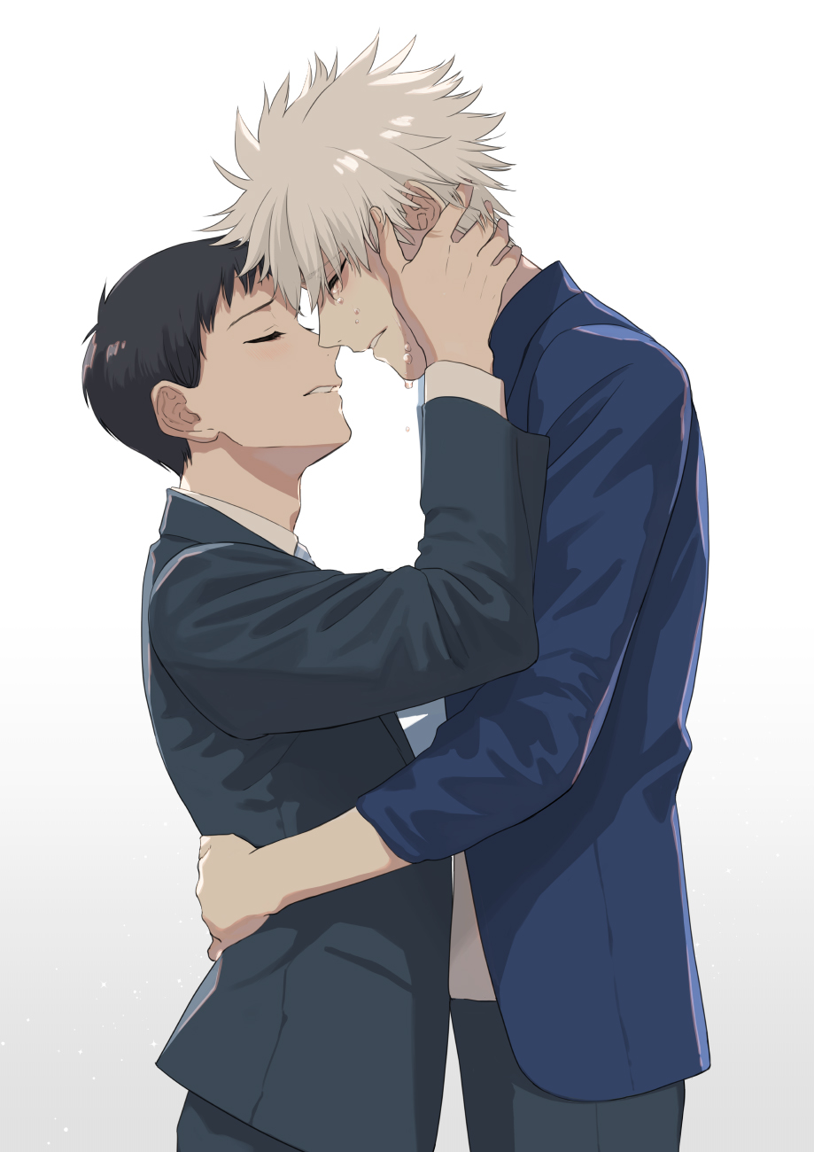 2boys, age_progression, brown_hair, closed_eyes, commentary_request, gradient_background, hands_on_another's_face, highres