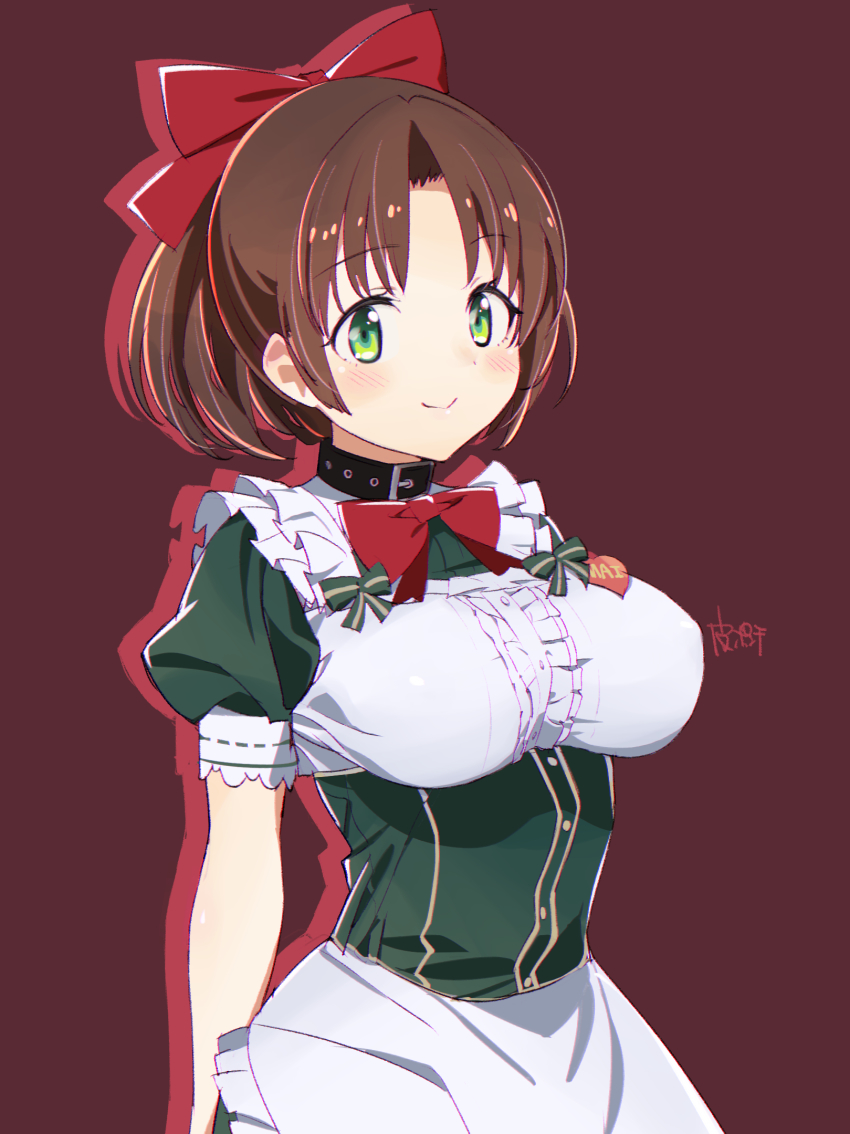 1girl, apron, artist_request, black_collar, blush, bow, brown_hair, closed_mouth