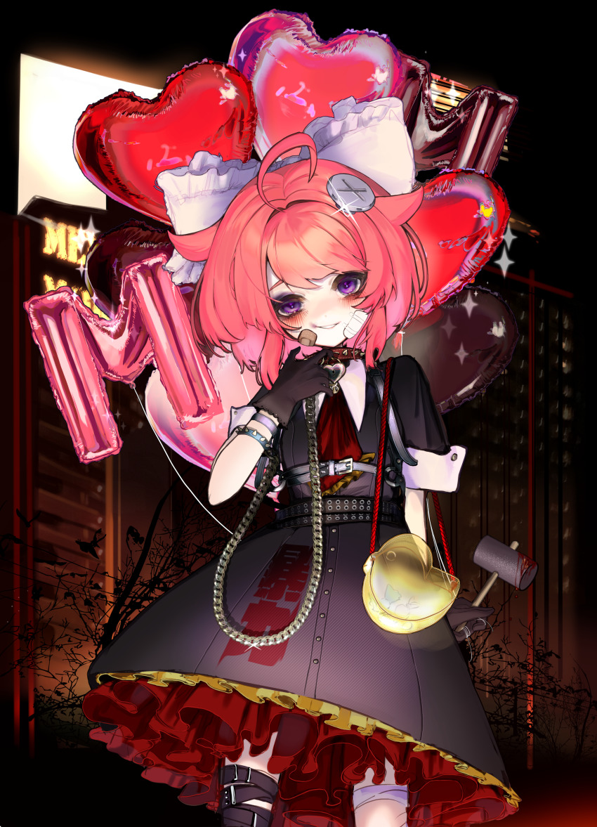 1girl, absurdres, ahoge, bag, bags_under_eyes, balloon, bandaid, bandaid_on_cheek