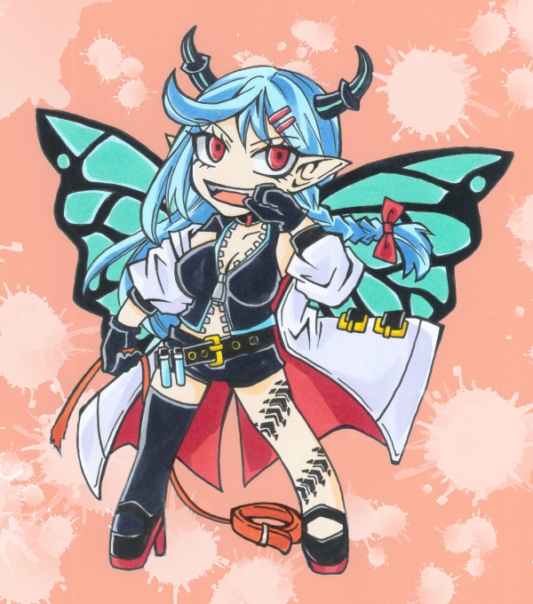 1girl, belt, black_footwear, black_gloves, black_horns, black_shorts, black_thighhighs, blue_hair