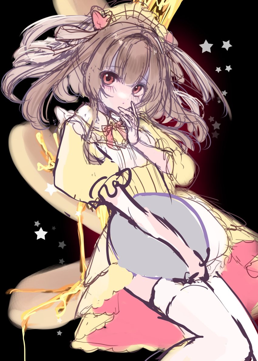 1girl, bad_id, bad_twitter_id, black_background, bow, brown_hair, comma_dentata, dress