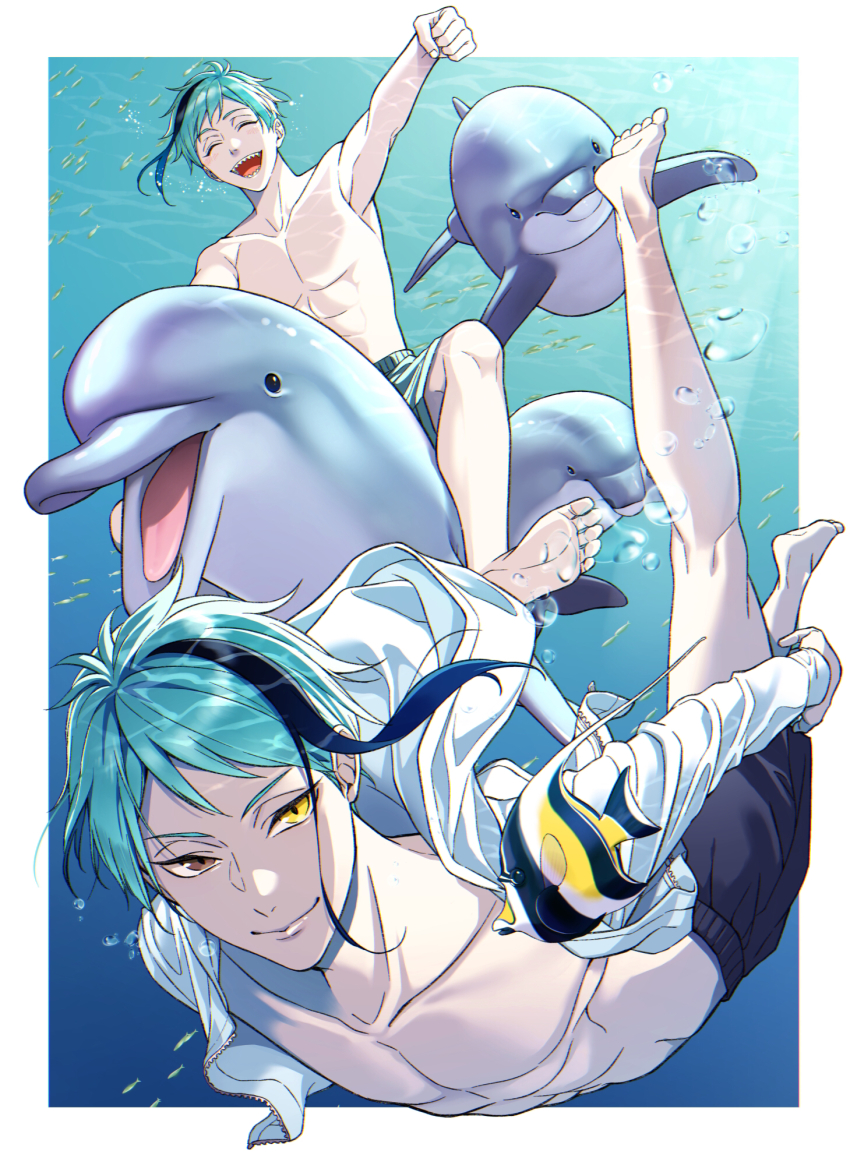 2boys, abs, aqua_hair, barefoot, bishounen, blue_hair, blurry, border