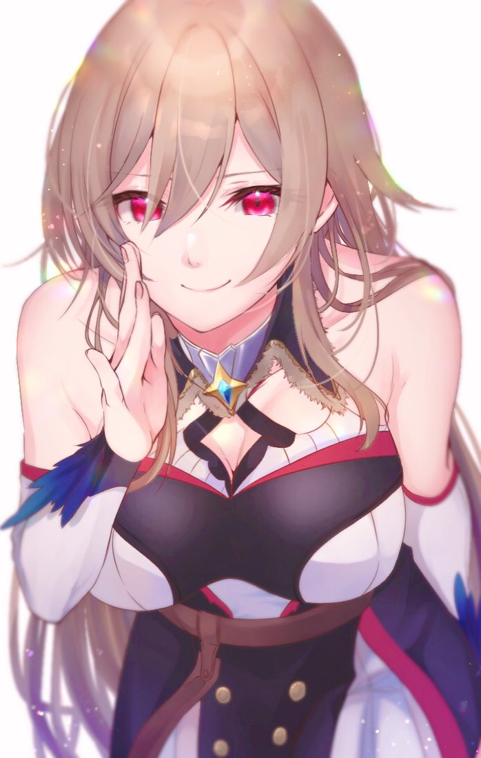 1girl, breasts, cleavage, detached_sleeves, dress, feather-trimmed_sleeves, fur_trim, furen_e_lustario