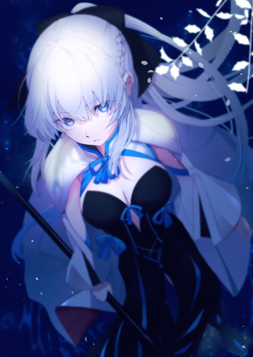 1girl, black_dress, blue_eyes, bow, breasts, cape, cleavage, closed_mouth