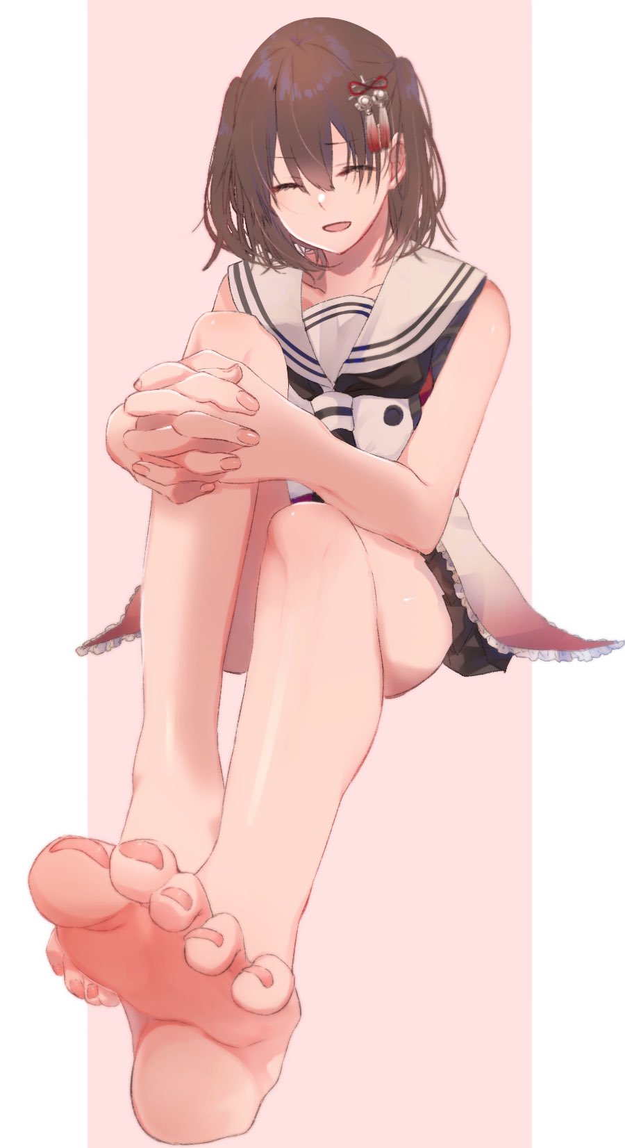 1girl, barefoot, black_neckerchief, black_skirt, brown_hair, closed_eyes, commission, feet, hair_between_eyes, hair_ornament, highres, interlocked_fingers, invisible_chair, kantai_collection, medium_hair, neckerchief, parted_lips, rinto_(rint_rnt), sailor_collar, school_uniform, sendai_(kancolle), sendai_kai_ni_(kancolle), serafuku, simple_background, sitting, skeb_commission, skirt, sleeveless, soles, solo, two-tone_background, white_sailor_collar