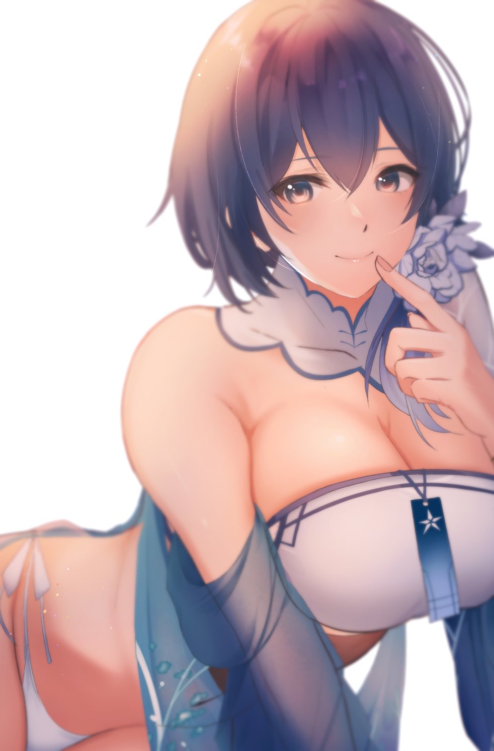 1girl, blue_hair, breasts, cleavage, commission, detached_sleeves, dp-12_(echeveria_lantern)_(girls'_frontline), dp-12_(girls'_frontline), dress, finger_to_mouth, floral_print, flower, girls'_frontline, hair_between_eyes, hair_flower, hair_ornament, highres, large_breasts, medium_hair, official_alternate_costume, panties, rinto_(rint_rnt), side-tie_panties, simple_background, skeb_commission, smile, solo, strapless, strapless_dress, underwear, white_background, white_flower, white_panties