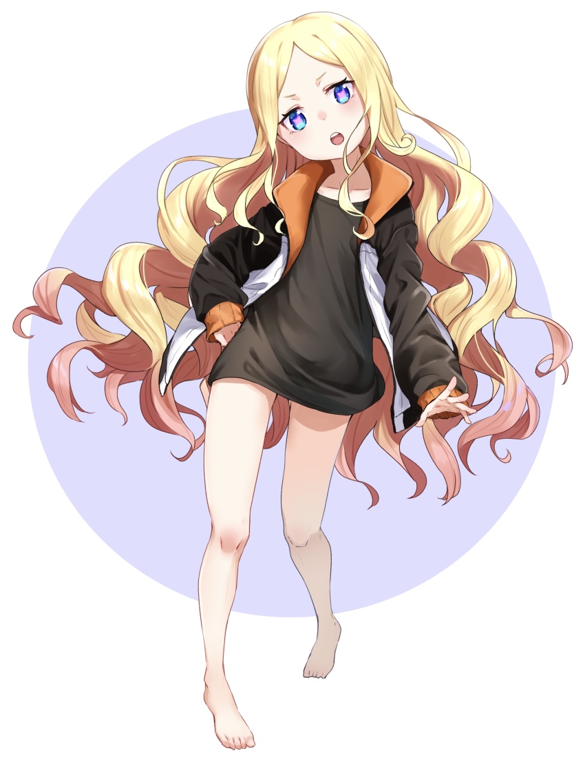 1girl, absurdres, barefoot, beatrice_(re:zero), black_jacket, black_shirt, blonde_hair, blue_eyes, butterfly-shaped_pupils, commission, cosplay, full_body, highres, jacket, legs, long_hair, long_sleeves, looking_at_viewer, m.tokotsu, natsuki_subaru, natsuki_subaru_(cosplay), open_mouth, pixiv_commission, re:zero_kara_hajimeru_isekai_seikatsu, shirt, solo, standing, symbol-shaped_pupils, teeth, track_jacket, upper_teeth_only