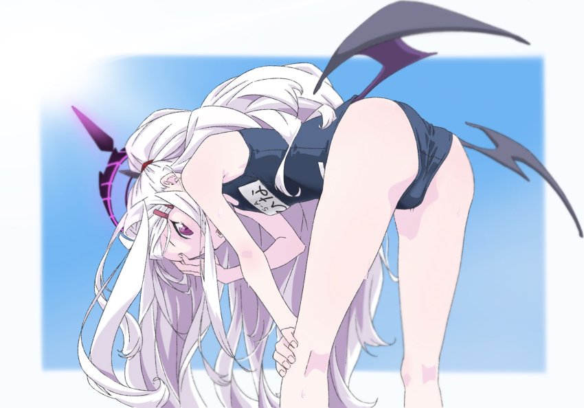 1girl, ass, bent_over, blue_archive, blue_background, blurry, blurry_background, border, demon_wings, feet_out_of_frame, from_behind, hair_ornament, hairclip, halo, highres, hina_(blue_archive), hina_(swimsuit)_(blue_archive), long_hair, low_wings, official_alternate_costume, old_school_swimsuit, one_eye_closed, open_mouth, purple_eyes, purple_hair, school_swimsuit, simple_background, solo, sunlight, swimsuit, very_long_hair, vividnatadecoco, wet, wings