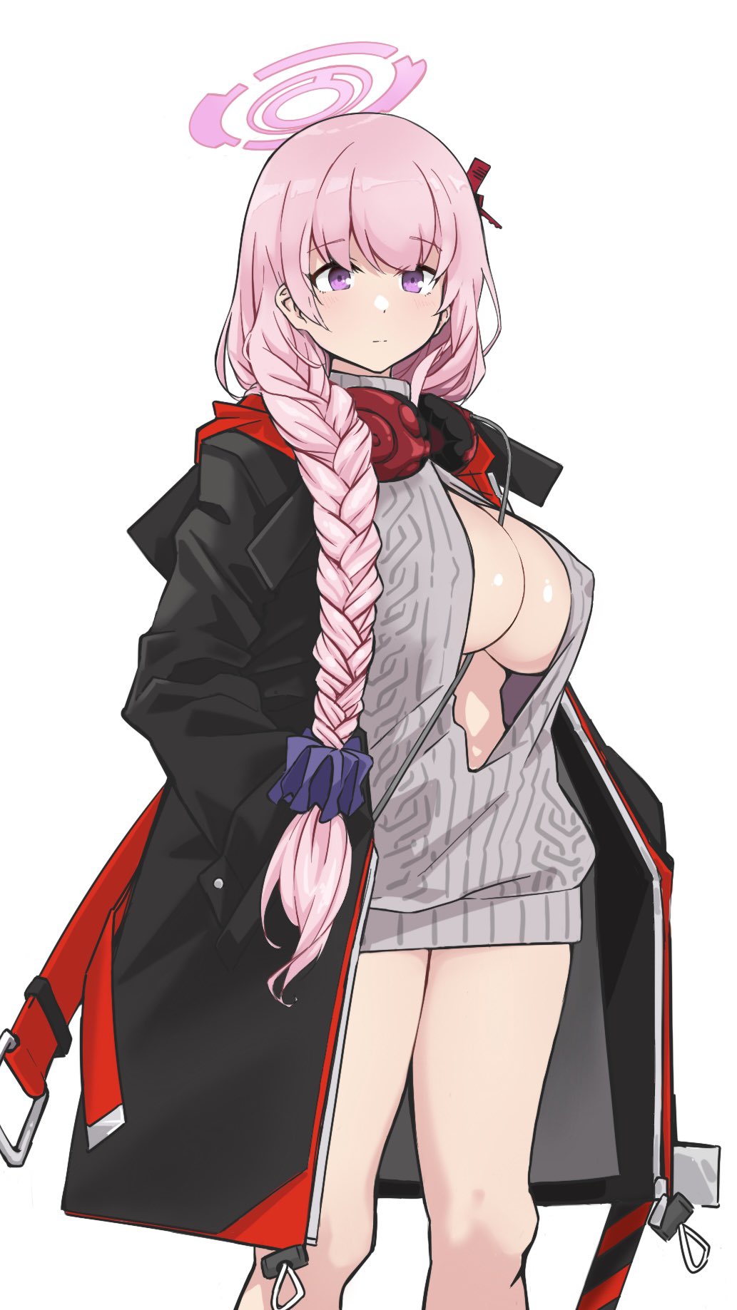 1girl, bare_legs, black_jacket, blue_archive, breasts, cleavage, closed_mouth, clothing_cutout