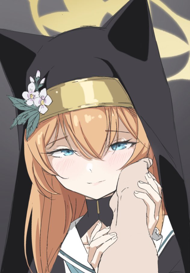 1girl, animal_ear_headwear, blue_archive, blue_eyes, blush, closed_mouth, fake_animal_ears, flower, grey_background, habit, halo, hand_on_another's_cheek, hand_on_another's_face, hat, hat_flower, holding_another's_arm, light_smile, long_hair, looking_at_viewer, mari_(blue_archive), nun, orange_hair, out_of_frame, pov, sailor_collar, simple_background, solo_focus, vividnatadecoco, white_sailor_collar