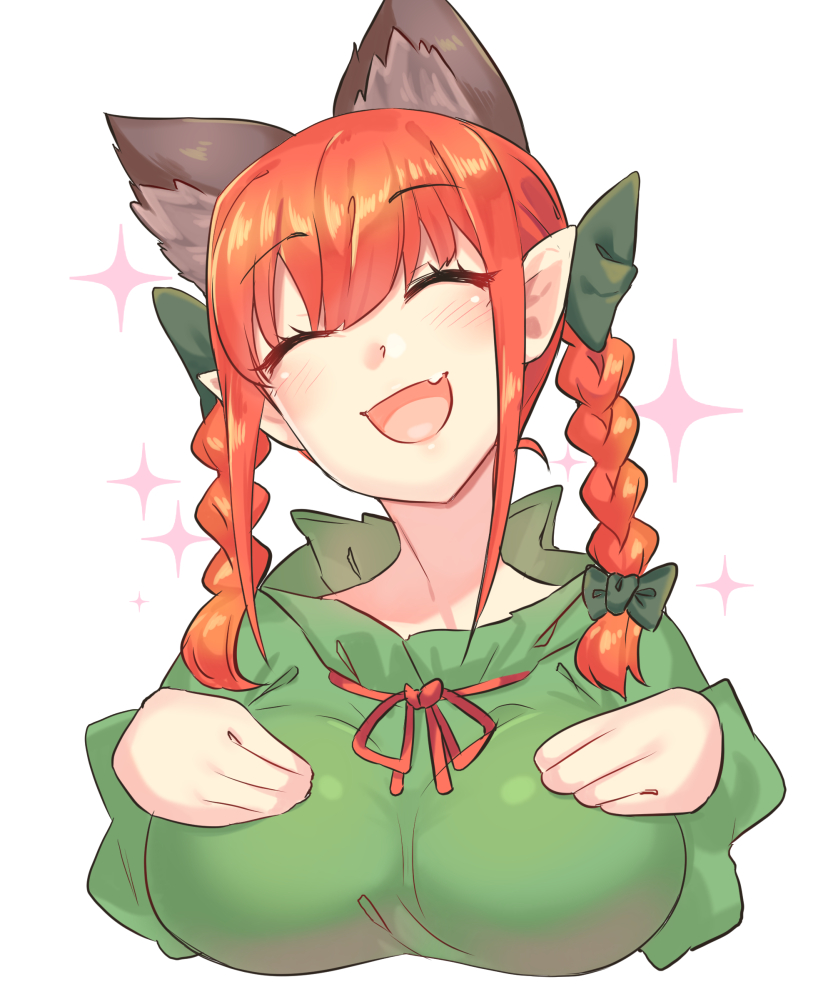 1girl, :d, animal_ear_fluff, animal_ears, blunt_bangs, blush, bow, braid, breasts, cat_ears, closed_eyes, cropped_torso, dress, extra_ears, fang, frills, green_bow, green_dress, hagezizii, hair_bow, hair_ribbon, hands_on_own_breasts, hands_up, happy, head_tilt, juliet_sleeves, kaenbyou_rin, large_breasts, long_hair, long_sleeves, neck_ribbon, open_mouth, pointy_ears, puffy_sleeves, red_hair, red_ribbon, ribbon, simple_background, skin_fang, smile, solo, sparkle, touhou, tress_ribbon, twin_braids, twintails, upper_body, white_background