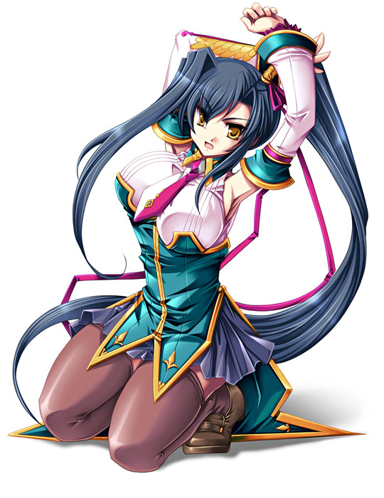 1girl, arms_up, bad_id, bad_pixiv_id, black_hair, breasts, detached_sleeves, female_focus, full_body, gradient_background, kan'u_(koihime_musou), kneeling, koihime_musou, necktie, ponytail, skirt, solo, takelu, thighhighs, white_background, yellow_eyes