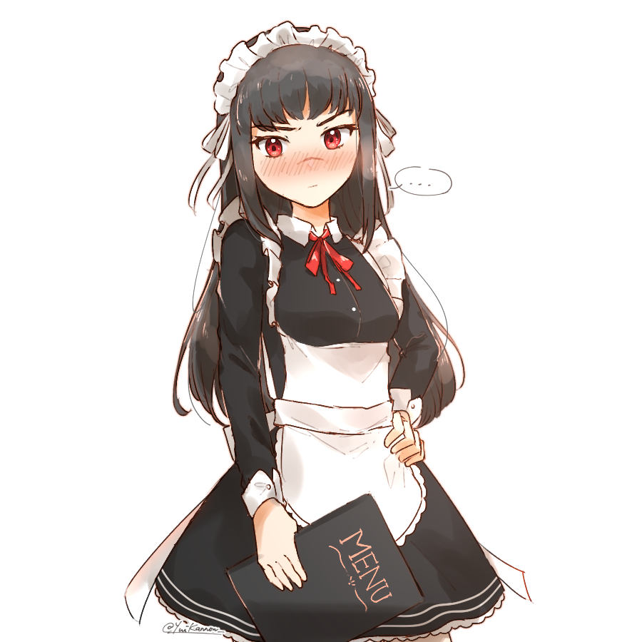 ..., 1girl, alternate_costume, black_hair, blush, breasts, crosscode, enmaided