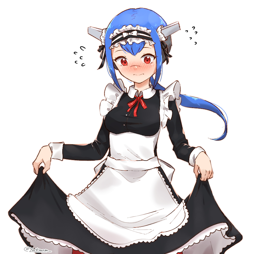1girl, adapted_uniform, alternate_costume, blue_hair, blush, bow, breasts, cowboy_shot