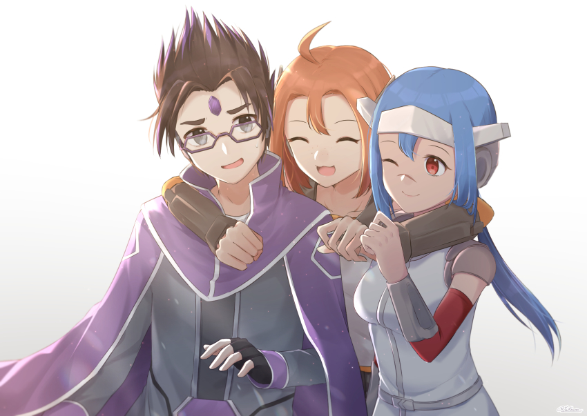 1boy, 2girls, :3, ahoge, arm_around_neck, arm_warmers, black_eyes, black_hair