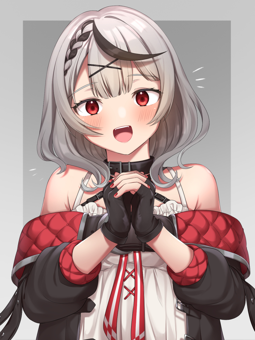1girl, belt, black_collar, black_gloves, black_hair, black_jacket, bow, braid, camisole, collar, fingerless_gloves, gloves, grey_background, hair_ornament, highres, hololive, interlocked_fingers, jacket, medium_hair, multicolored_hair, nail_polish, off-shoulder_jacket, off_shoulder, open_mouth, own_hands_together, plaid_bow, red_eyes, red_nails, sakamata_chloe, silver_hair, smile, solo, streaked_hair, two-tone_hair, upper_body, virtual_youtuber, x_hair_ornament, yuikannon
