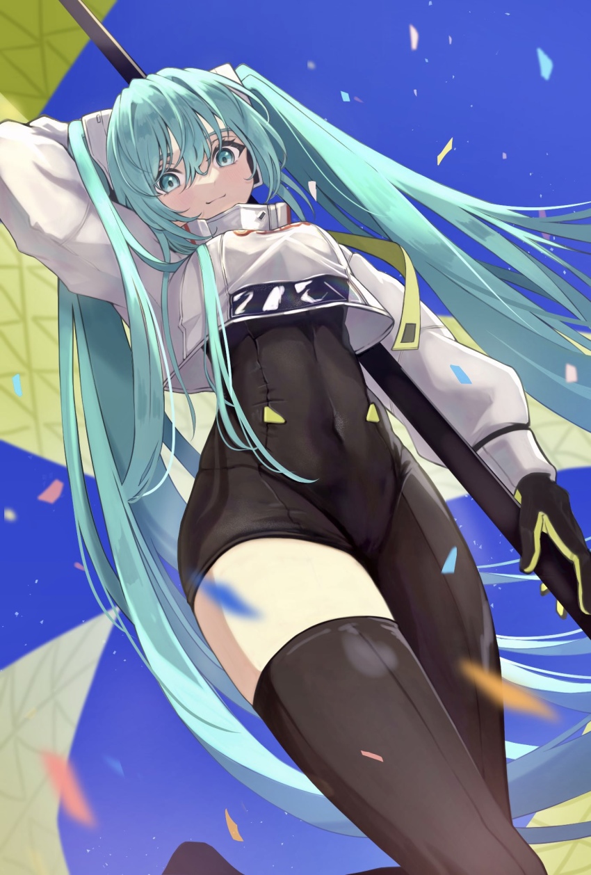 1girl, aqua_eyes, aqua_hair, asymmetrical_bodysuit, black_bodysuit, blush, bodysuit, boots