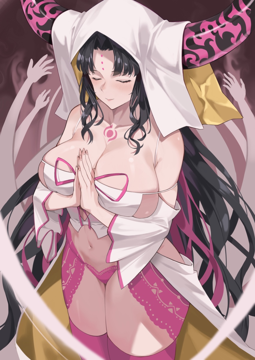1girl, absurdres, bare_shoulders, black_hair, breasts, chest_tattoo, cleavage, closed_eyes
