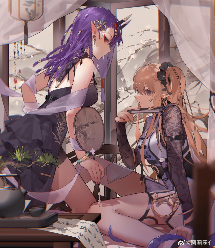 2girls, absurdres, arknights, bare_back, black_dress, branch, brown_hair, cup, demon_horns, dreadlocks, dress, ear_piercing, folding_fan, folding_screen, hair_between_eyes, hand_fan, highres, holding, holding_fan, horns, indigo_(arknights), indigo_(serene_day)_(arknights), indoors, knee_up, kneeling, lava_(arknights), lava_the_purgatory_(arknights), lava_the_purgatory_(dusk_wisteria)_(arknights), long_hair, long_sleeves, looking_at_viewer, multiple_girls, official_alternate_costume, piercing, pointy_ears, purple_eyes, purple_hair, purple_shirt, scroll, shirt, side_ponytail, sideways_glance, sitting, teacup, teapot, thighs, watermark, weibo_watermark, yuan_quanquan_ren