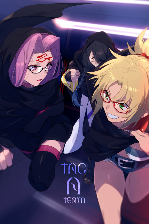 1boy, 2girls, bandeau, bare_shoulders, belt, black_cloak, black_dress, black_hair, black_thighhighs, blonde_hair, blue_shorts, braid, braided_ponytail, breasts, cloak, closed_eyes, collar, cutoffs, denim, denim_shorts, detached_sleeves, dress, echo_(circa), facial_mark, fate/apocrypha, fate/grand_order, fate/prototype, fate/prototype:_fragments_of_blue_and_silver, fate/stay_night, fate_(series), forehead, forehead_mark, french_braid, glasses, green_eyes, grin, hair_over_one_eye, hood, hooded_cloak, jacket, large_breasts, long_hair, long_sleeves, medusa_(fate), medusa_(rider)_(fate), mordred_(fate), mordred_(fate/apocrypha), mordred_(memories_at_trifas)_(fate), multiple_girls, open_clothes, open_jacket, open_mouth, paracelsus_von_hohenheim_(fate), paracelsus_von_hohenheim_(third_ascension)_(fate), parted_bangs, ponytail, purple_eyes, purple_hair, red_jacket, short_dress, short_shorts, shorts, sidelocks, small_breasts, smile, thighhighs, thighs, very_long_hair