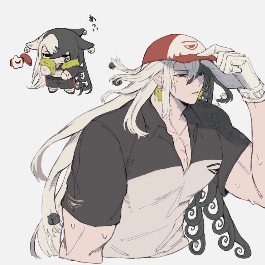 ashiya_douman_(fate), ashiya_douman_(power_shot)_(fate), bad_id, bad_twitter_id, black_hair, chibi, curly_hair, earrings, fate/grand_order, fate_(series), hair_intakes, hat, highres, jewelry, long_hair, magatama, male_focus, multicolored_hair, nodh49, official_alternate_costume, pectoral_cleavage, pectorals, shirt, two-tone_hair, upper_body, white_hair