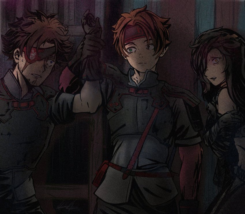 3boys, alternate_breast_size, alternate_costume, alternate_hairstyle, bandana, black_dress, black_hair, brown_hair