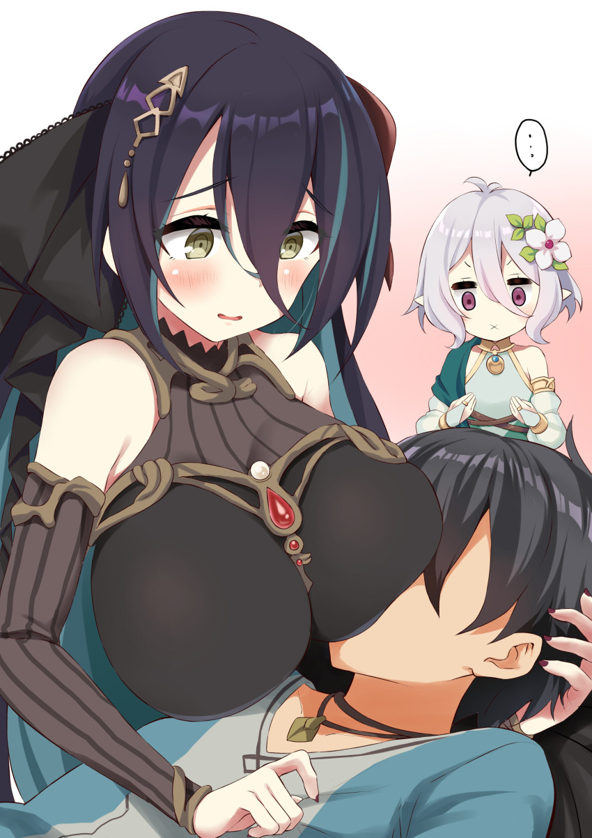 1boy, 2girls, x_mouth, absurdres, antenna_hair, bare_shoulders, black_dress, black_hair, blue_hair, blue_shirt, blush, breast_envy, breasts, bridal_gauntlets, closed_mouth, commentary_request, detached_sleeves, dress, faceless, faceless_male, flower, gradient_background, green_dress, hair_between_eyes, hair_flower, hair_ornament, highres, kokkoro_(princess_connect!), lap_pillow, large_breasts, long_hair, long_sleeves, multicolored_hair, multiple_girls, nail_polish, parted_lips, pink_background, pointy_ears, princess_connect!, puffy_long_sleeves, puffy_sleeves, purple_eyes, ranpha_(princess_connect!), ryuki_(ryukisukune), shirt, sleeveless, sleeveless_dress, two-tone_hair, v-shaped_eyebrows, very_long_hair, white_background, white_flower, yuuki_(princess_connect!)
