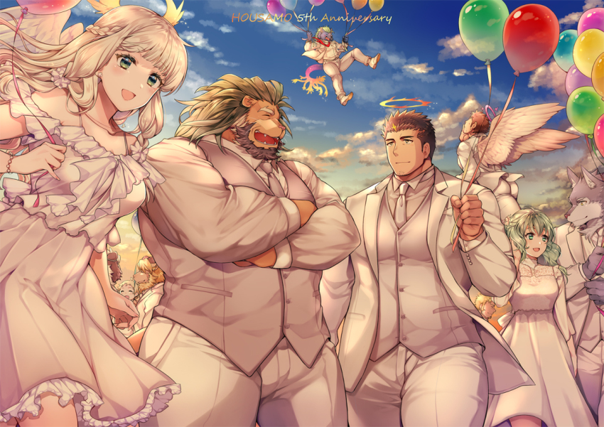 alternate_costume, angel, angel_wings, animal_ears, anniversary, arsalan_(housamo), azazel_(housamo), balloon