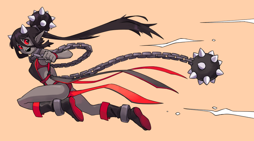 1girl, :d, absurdres, ball_and_chain_(weapon), bare_shoulders, beige_background, black_eyes, black_hair