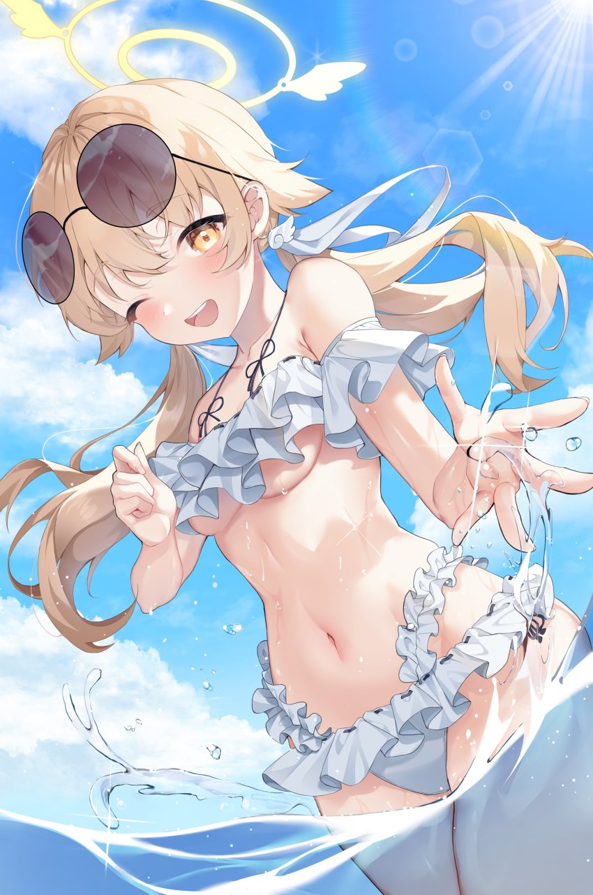 1girl, ;d, absurdres, bikini, blonde_hair, blue_archive, blue_sky, blush