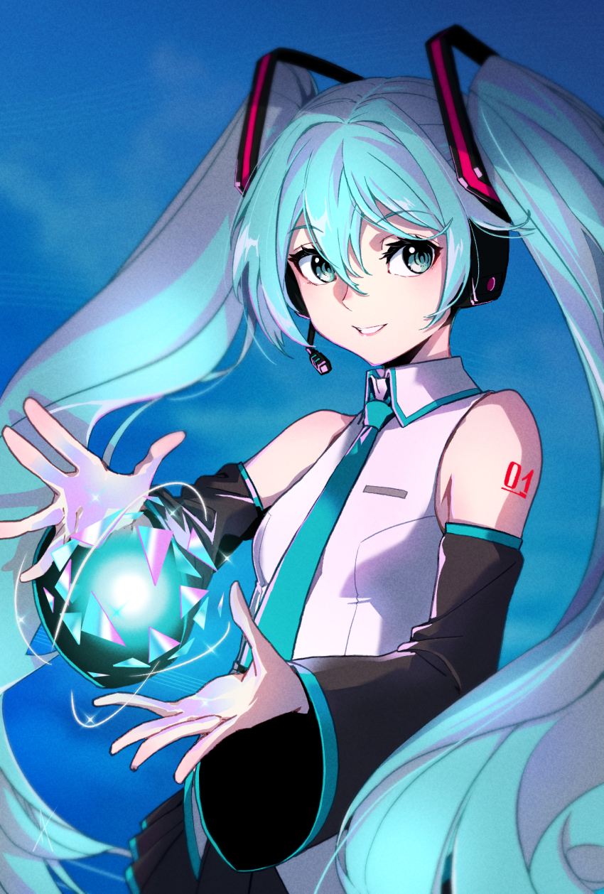 1girl, :d, aqua_eyes, aqua_hair, aqua_necktie, black_skirt, blue_background, blurry