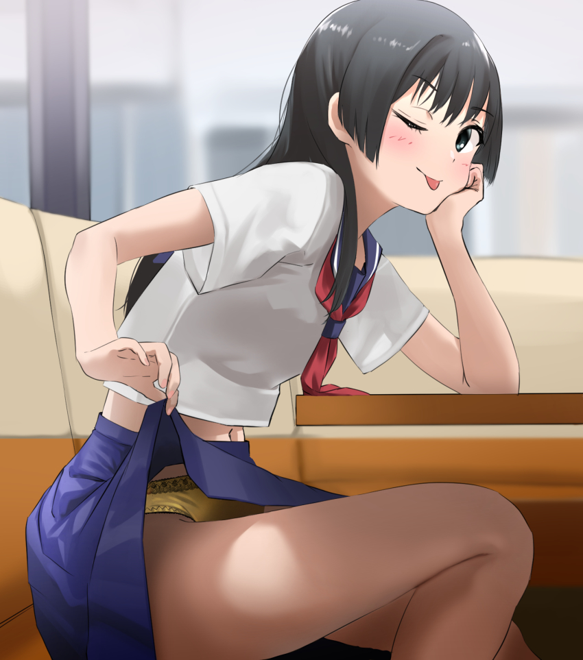 1girl, black_hair, blouse, blue_eyes, blue_sailor_collar, blue_skirt, blush, clothes_lift, commission, day, elbow_rest, feet_out_of_frame, female_focus, from_side, head_rest, highres, indoors, lifting_own_clothes, long_hair, looking_at_viewer, midriff, navel, neckerchief, one_eye_closed, panties, pixiv_commission, pleated_skirt, red_neckerchief, sailor_collar, sakugawa_school_uniform, saten_ruiko, school_uniform, serafuku, shirt, sitting, skirt, skirt_lift, smile, solo, tama_(tamago), teasing, thighs, toaru_kagaku_no_railgun, toaru_majutsu_no_index, tongue, tongue_out, underwear, white_shirt, yellow_panties