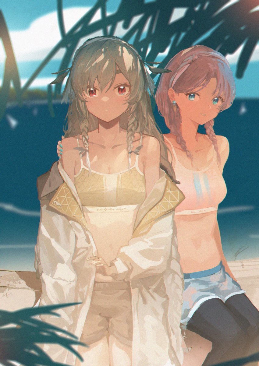 2girls, alternate_costume, alternate_hairstyle, arknights, bare_shoulders, black_legwear, blue_eyes, blue_nails, blue_poison_(arknights), blue_poison_(arknights)_(cosplay), blue_poison_(shoal_beat)_(arknights), blue_shorts, blue_sky, braid, breasts, brown_hair, brown_shorts, cleavage, coat, collarbone, cosplay, day, earrings, eyebrows_hidden_by_hair, hairband, hand_on_another's_shoulder, highres, jewelry, pantyhose_under_shorts, long_hair, looking_at_viewer, medium_breasts, multiple_girls, nail_polish, ocean, official_alternate_costume, open_clothes, open_coat, pantyhose, parted_lips, pink_hair, pink_hairband, red_eyes, rouzato, shorts, sitting, sky, smile, sports_bra, standing, stomach, sunlight, twin_braids, water, weedy_(arknights), white_coat