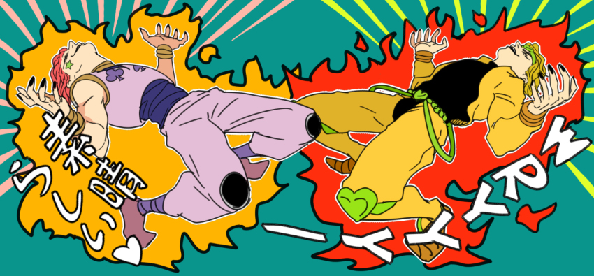 2boys, blonde_hair, crossover, dio_brando, evil_smile, hisoka_morow, hunter_x_hunter, jacket