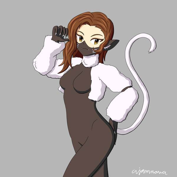 1girl, ajamnova, animal_ears, bad_id, bad_twitter_id, bodysuit, breasts, brown_hair, cat_ears, cat_girl, cat_tail, fangs, fluffy, hand_on_own_ass, megami_tensei, nekomata_(megami_tensei), shin_megami_tensei, simple_background, solo, tail