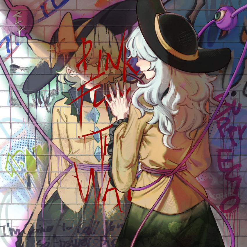 1girl, arms_at_sides, black_hat, blouse, bow, brick_wall, bright_pupils, buttons